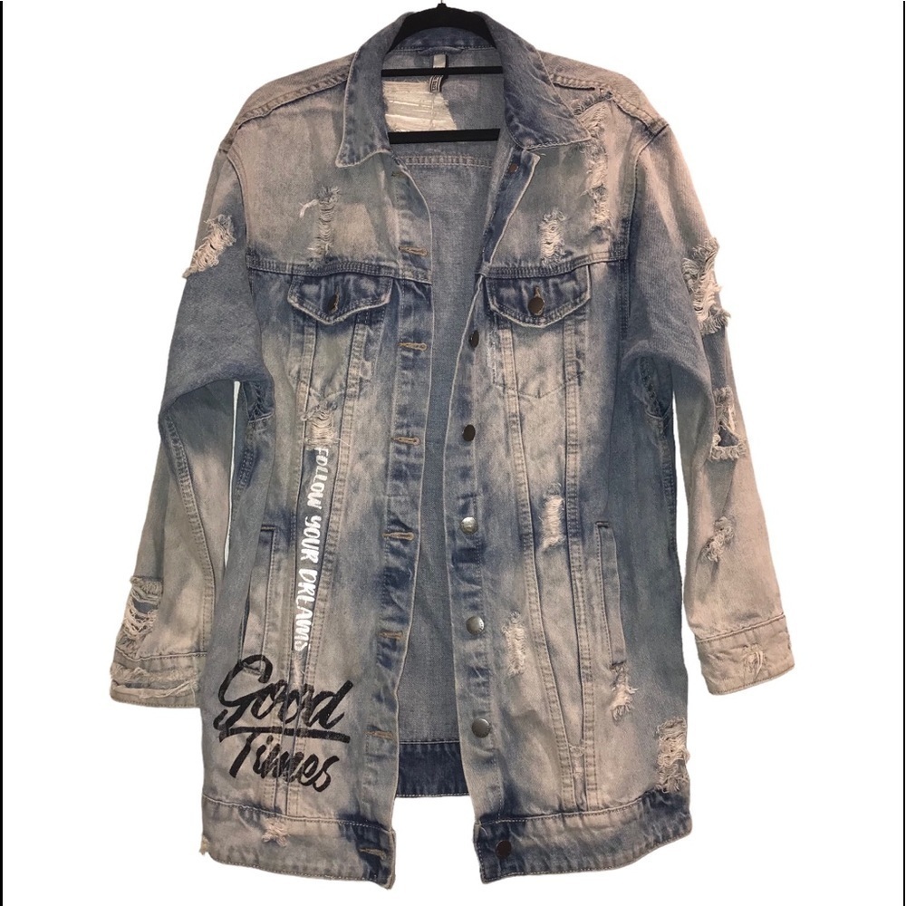 Denim Blue Jean Jacket Distressed SpellOut American Bazi Woman’s Small
